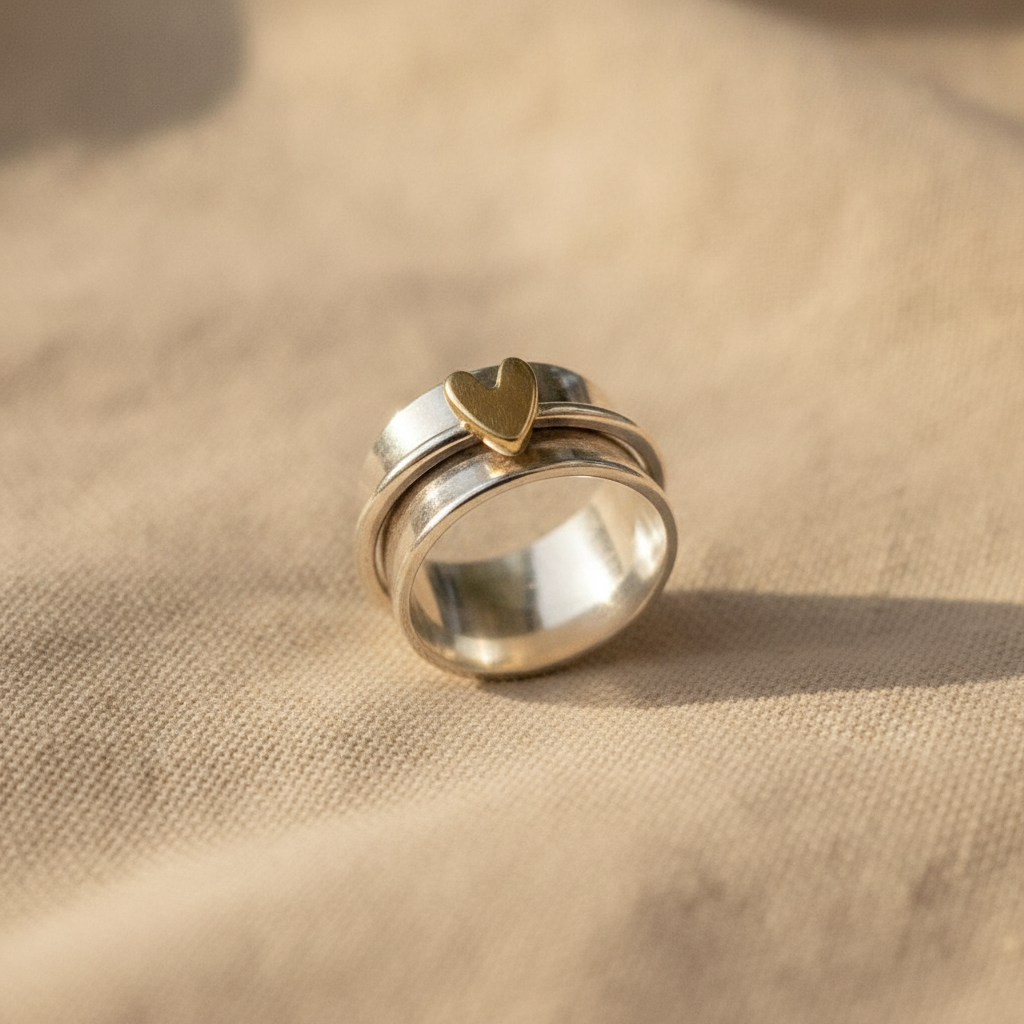classic silver ring with golden heart accent — studio