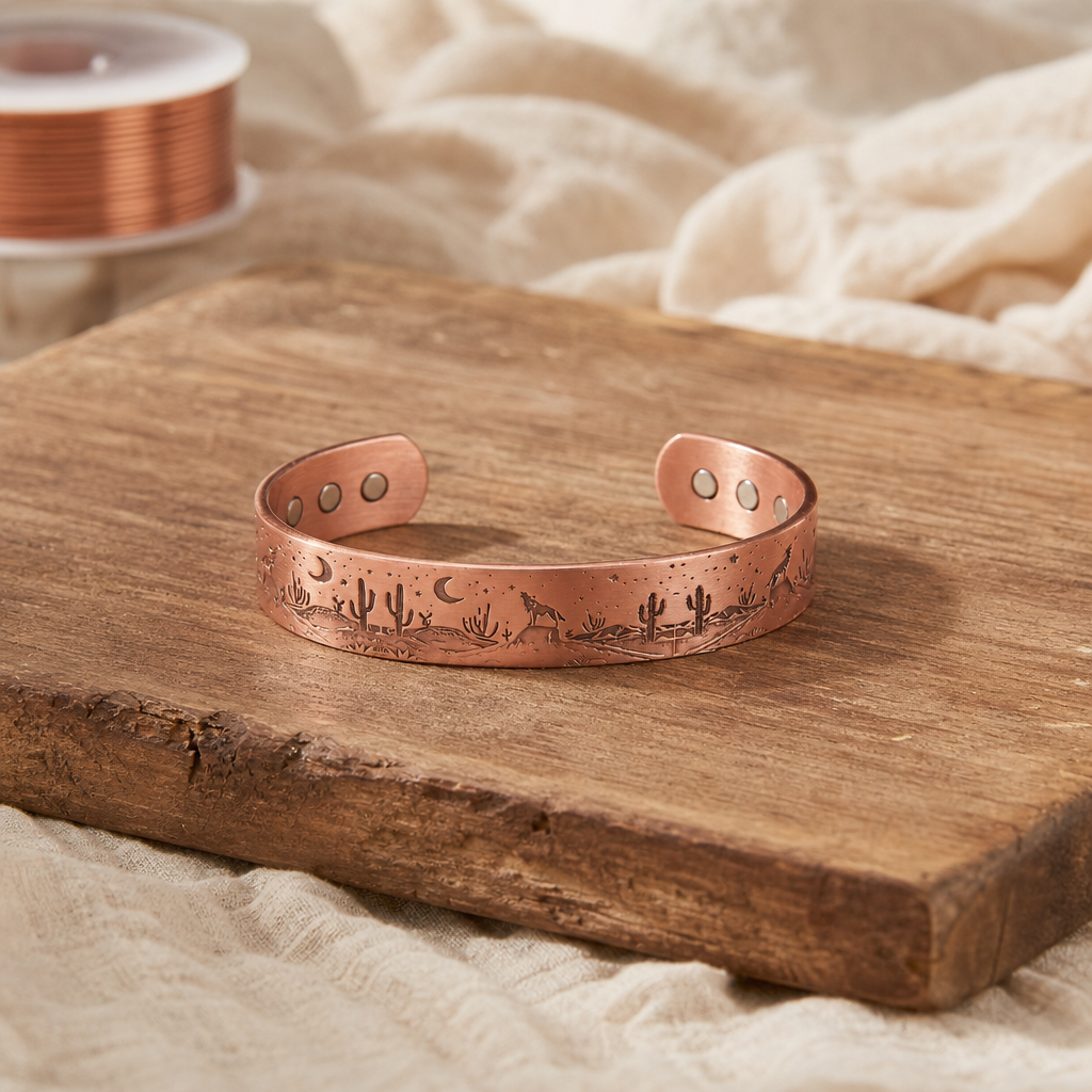 Cuff Bracelet Rose Gold Tone Pure Copper Desert Etched Design — Adjustable Fit — main image