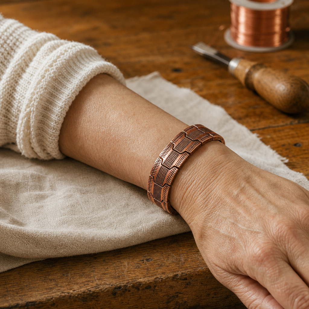 Copper Link Bracelet, 99.9% Pure Copper, Hand-Shaped Textured Segments with Clasp Closure — view 2