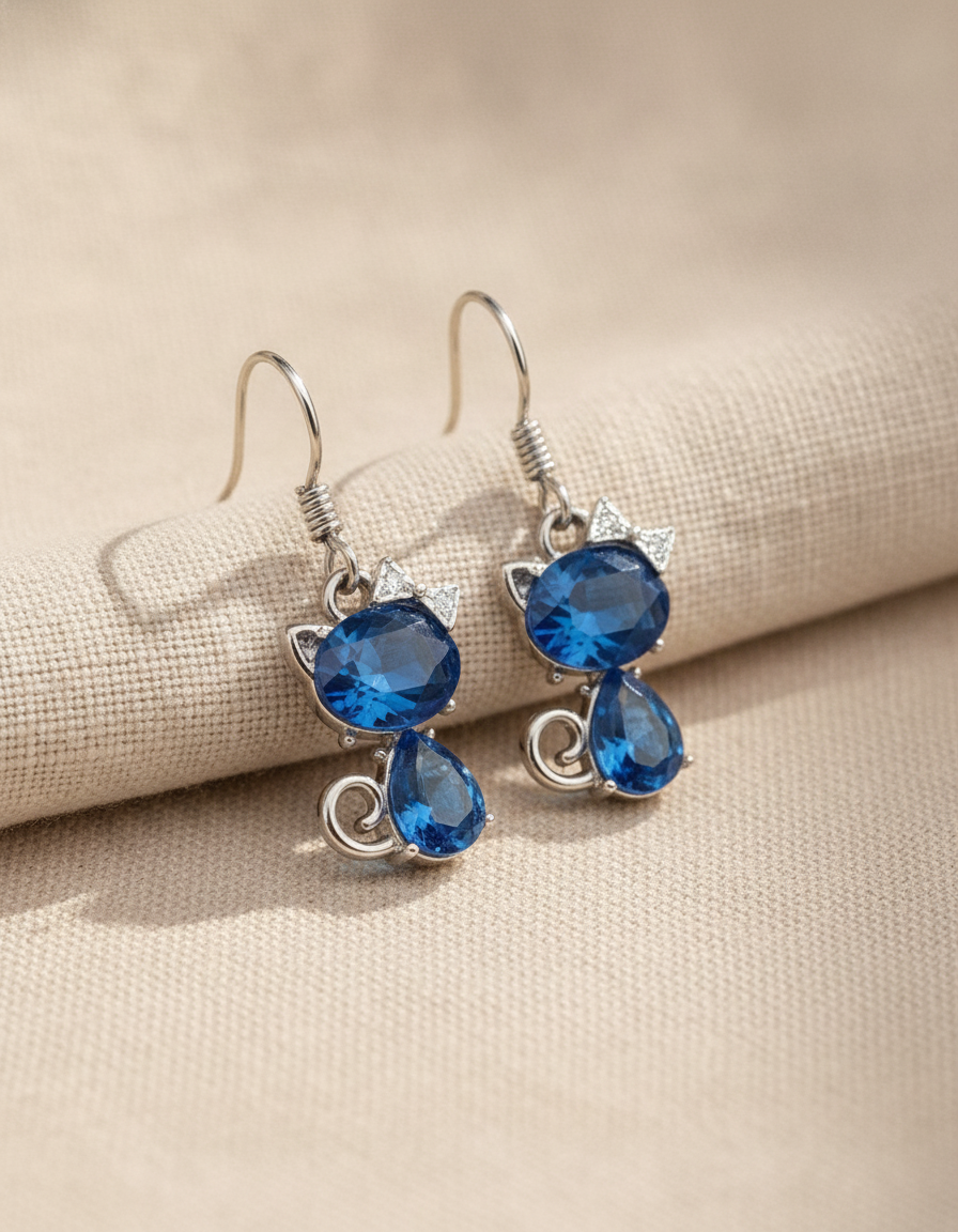 Estelle & Ruby Cat Crystal Drop Earrings, Faceted Stone Pendant, Silver-Tone Fish Hook, Multi-Color (AI-generated studio image)