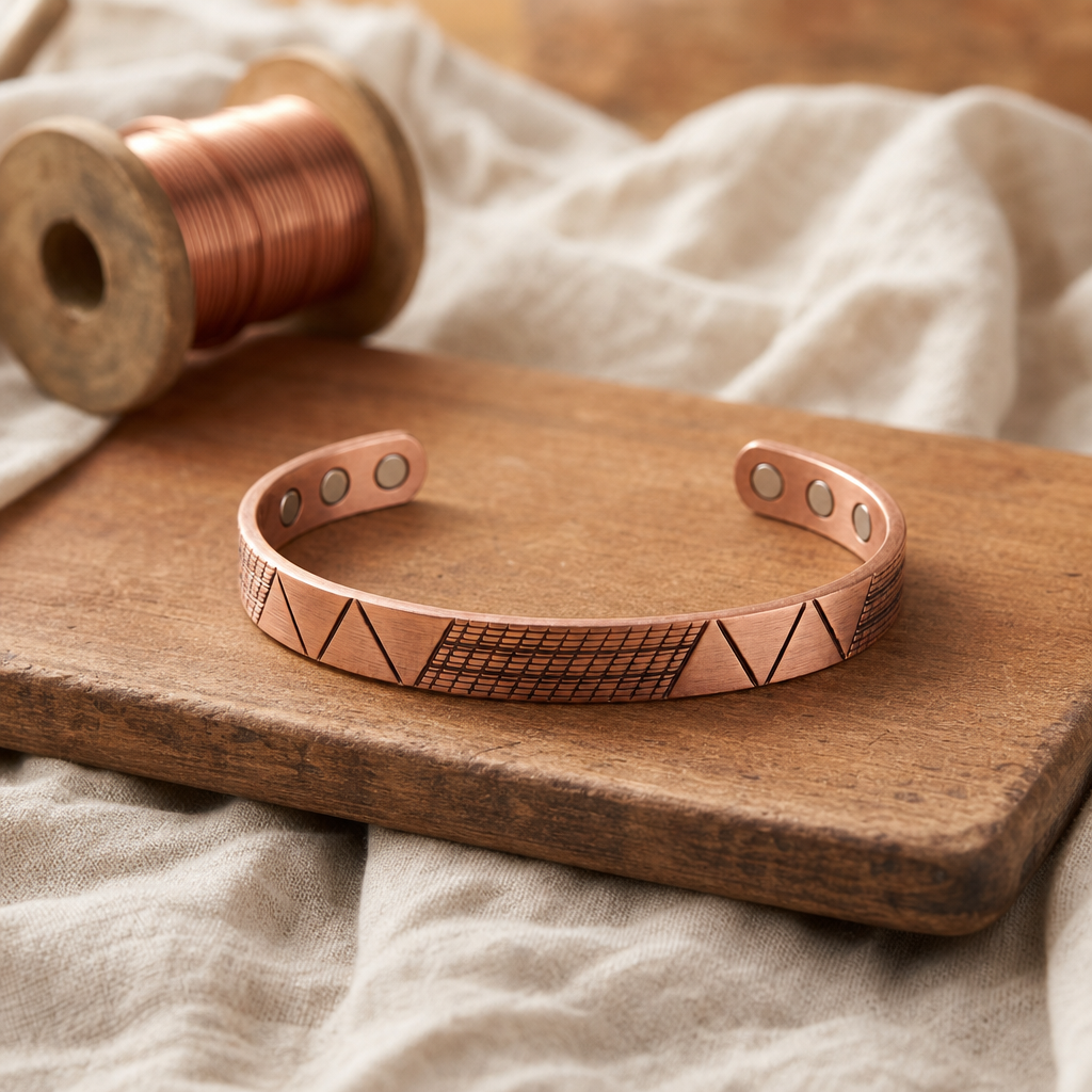 Copper Cuff Bracelet, Rose Copper, Geometric Etched Design, Magnetic Closure — main image