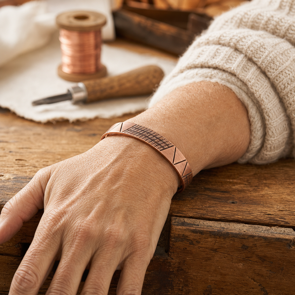 Copper Cuff Bracelet, Rose Copper, Geometric Etched Design, Magnetic Closure — view 2