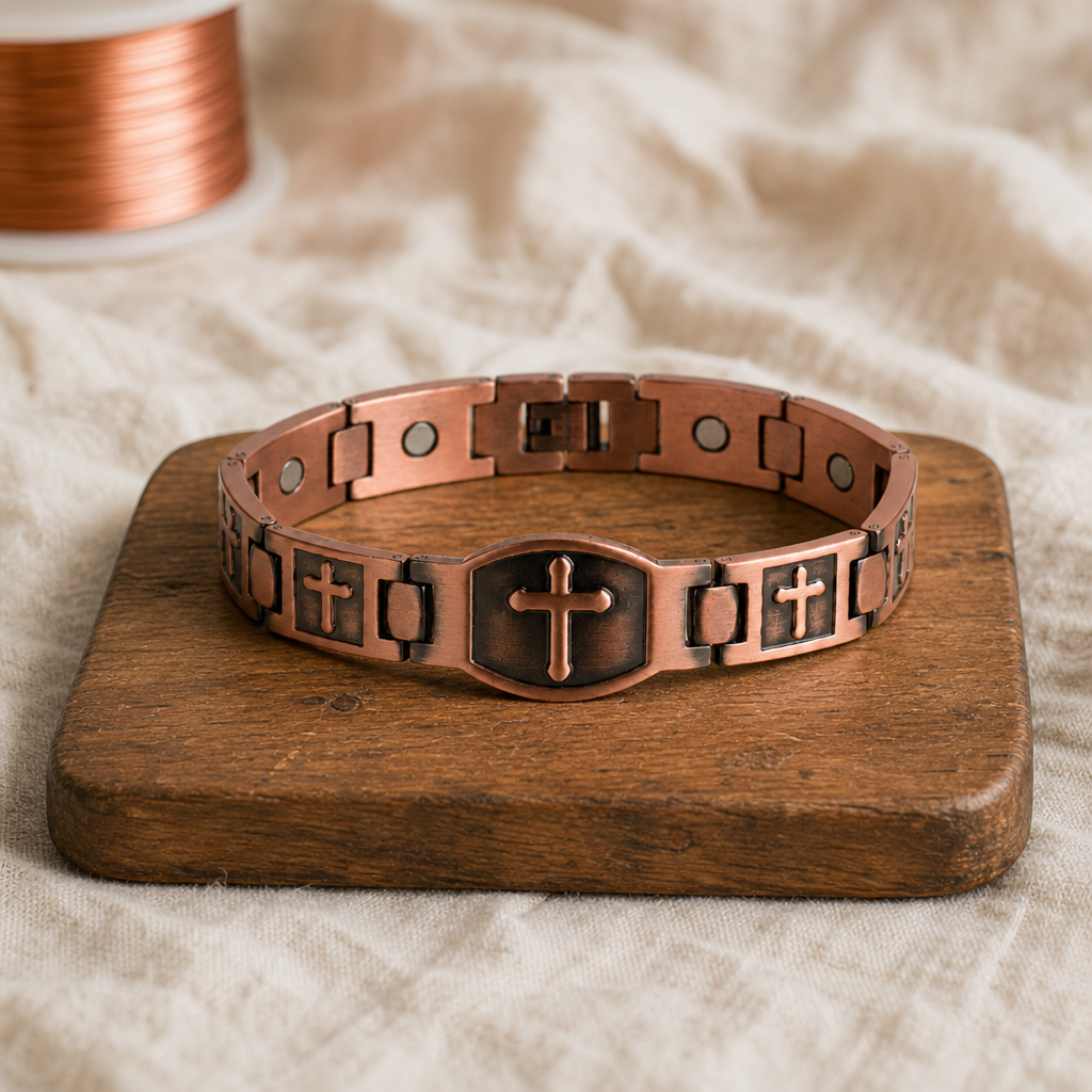 Copper Cross Link Bracelet with Patina Accents — Handcrafted Adjustable Copper Bracelet — main image