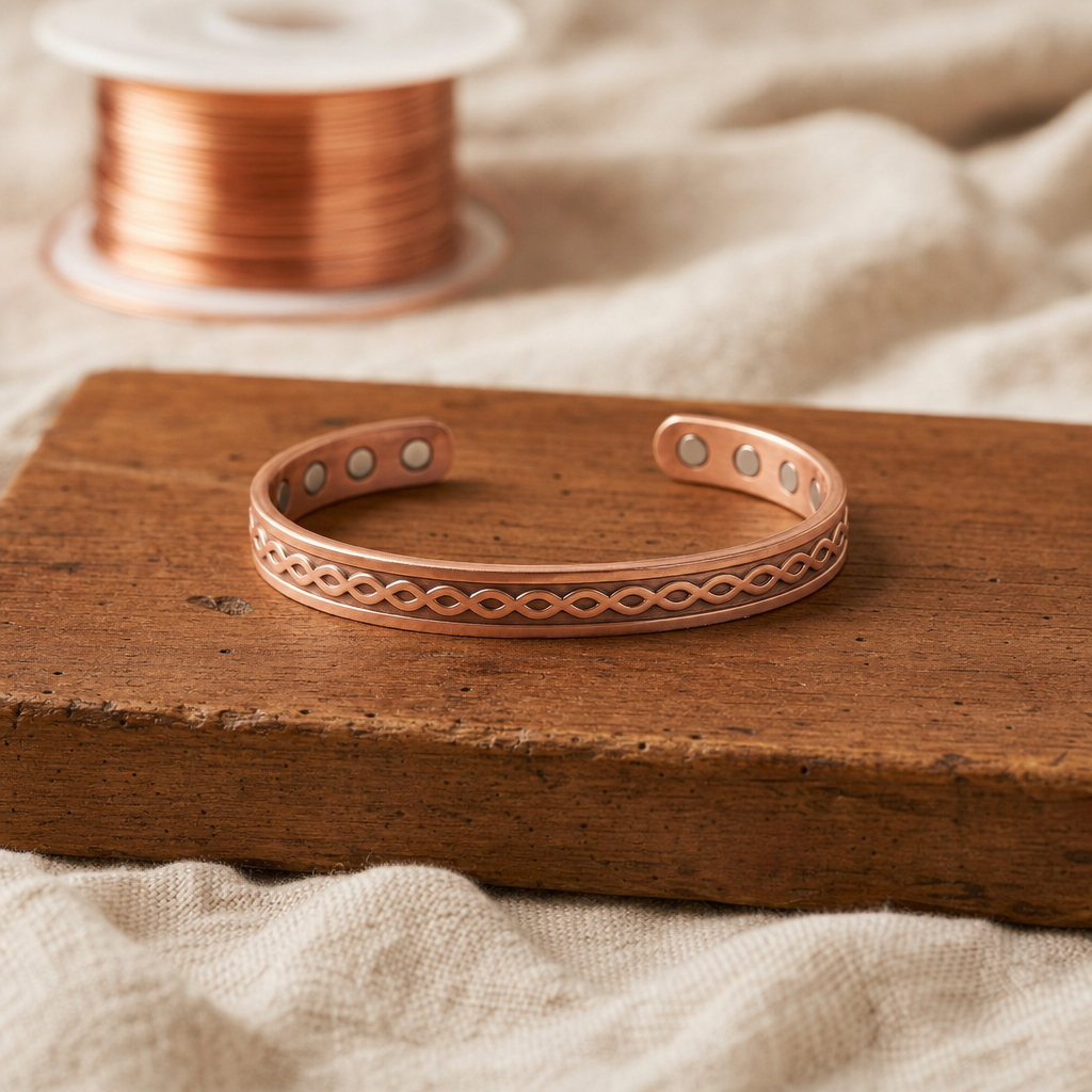 Cuff Bracelet Rose Copper Tone Pure Copper Twisted Band with Magnetic Beads — Adjustable Open Cuff — main image