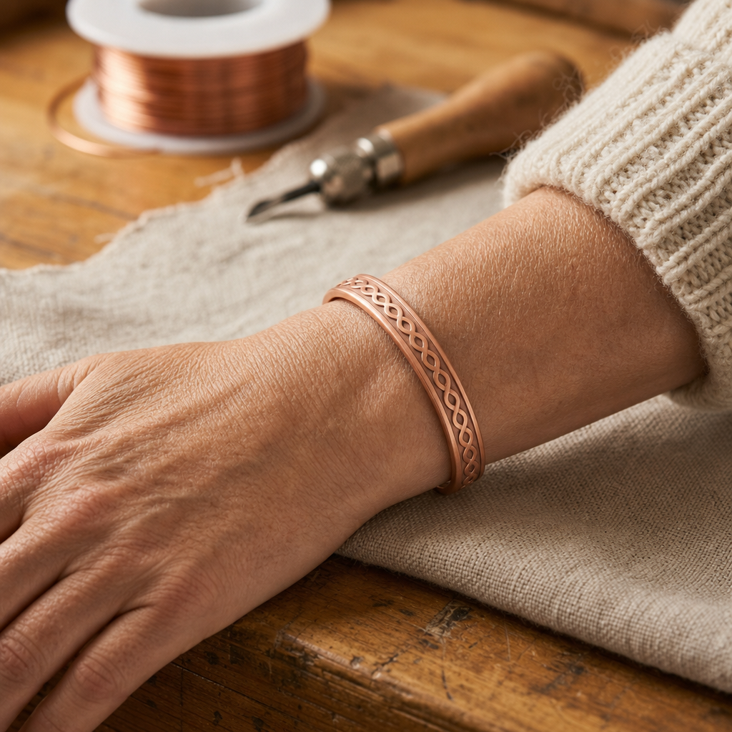 Cuff Bracelet Rose Copper Tone Pure Copper Twisted Band with Magnetic Beads — Adjustable Open Cuff — view 2