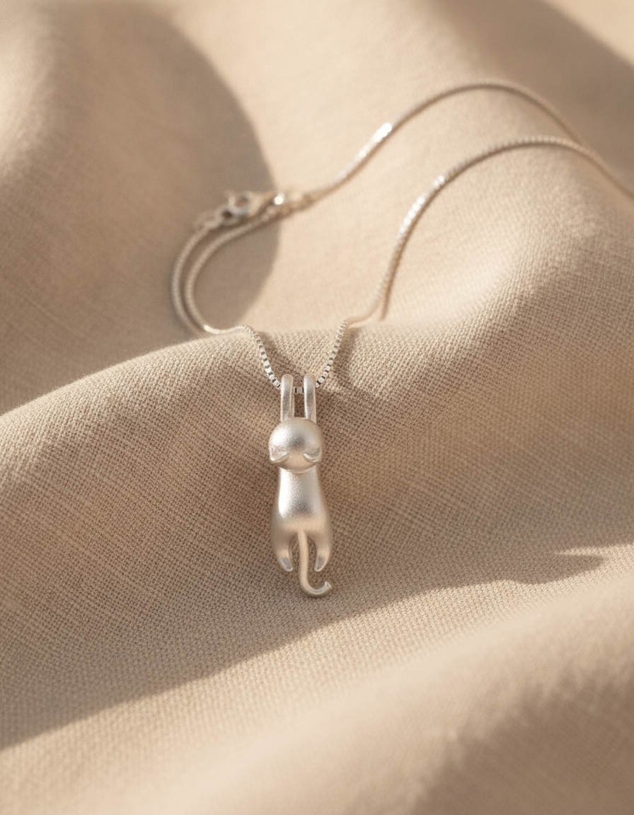 Estelle & Ruby Sterling Silver Cat Pendant Necklace with Box Chain (AI-generated studio image)