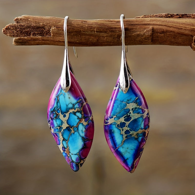 Teardrop Leaf Mosaic Stone Earrings with Silver-Plated Ear Wire