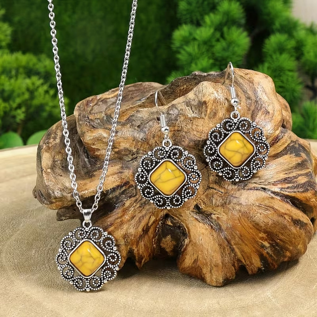 Vintage Filigree Necklace and Earrings Set with Yellow Cushion-Shaped Stones — main image