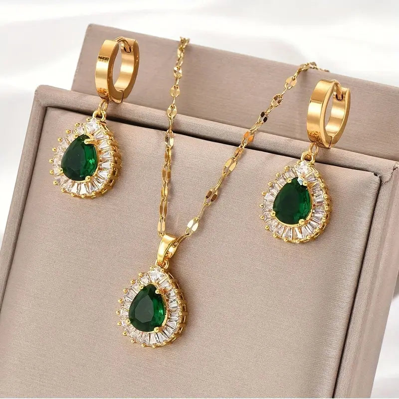 Emerald Teardrop Pendant Necklace & Earring Set with Crystal Halo in Gold Tone