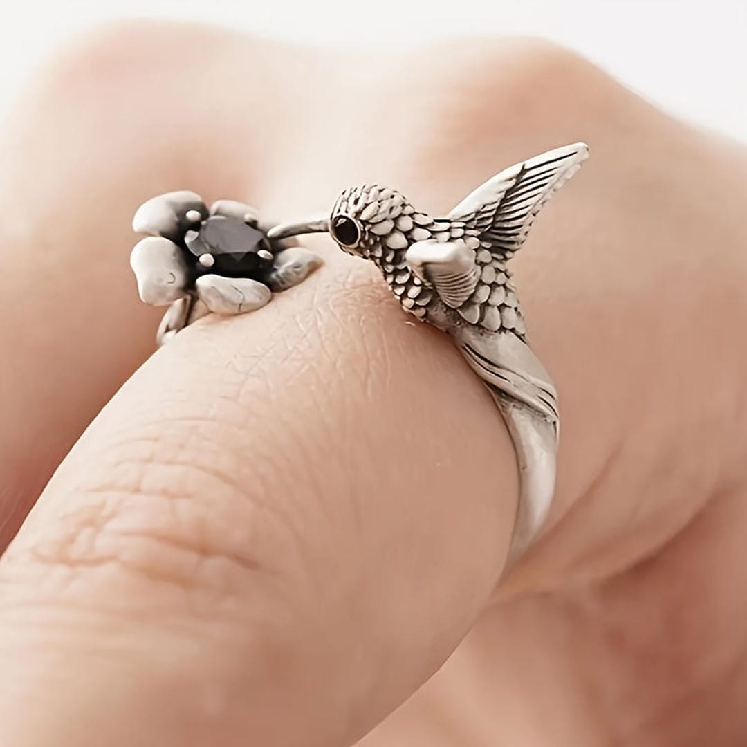 Hummingbird & Floral Black Stone Adjustable Ring — view 2