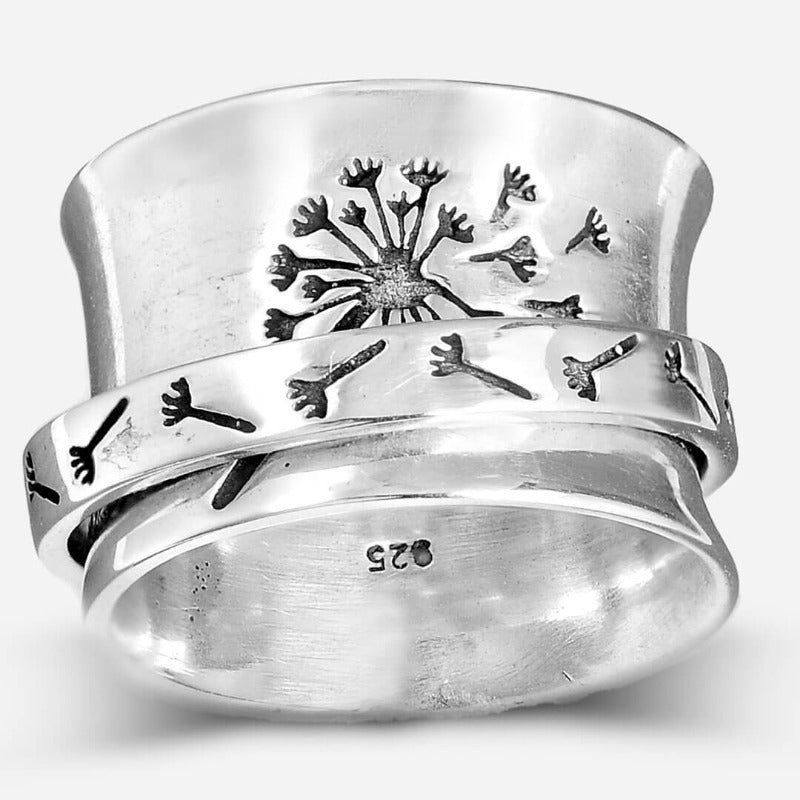 Dandelion Flower Spinner Ring in Sterling Silver, Hammered Wide Band