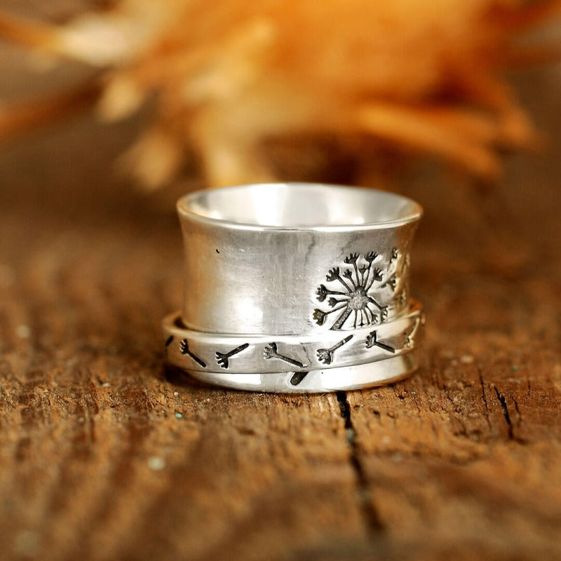 Dandelion Flower Spinner Ring in Sterling Silver, Hammered Wide Band