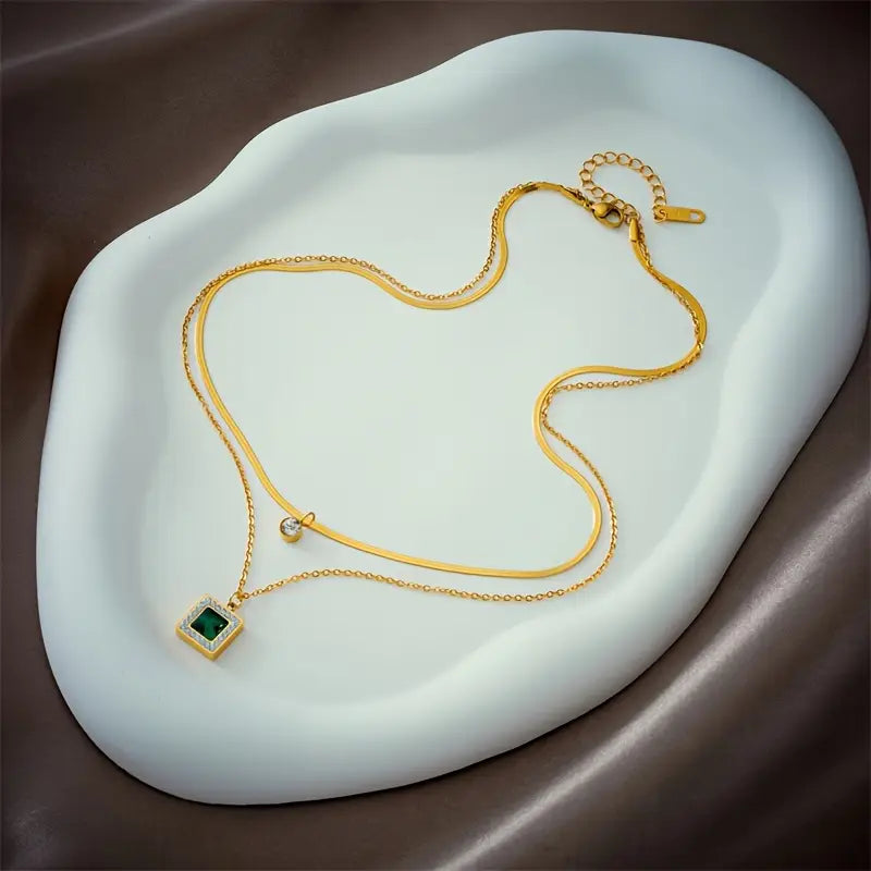 Layered Necklace with Square Emerald-Green Stone and Round Clear Stone Pendants in Gold Tone — view 6