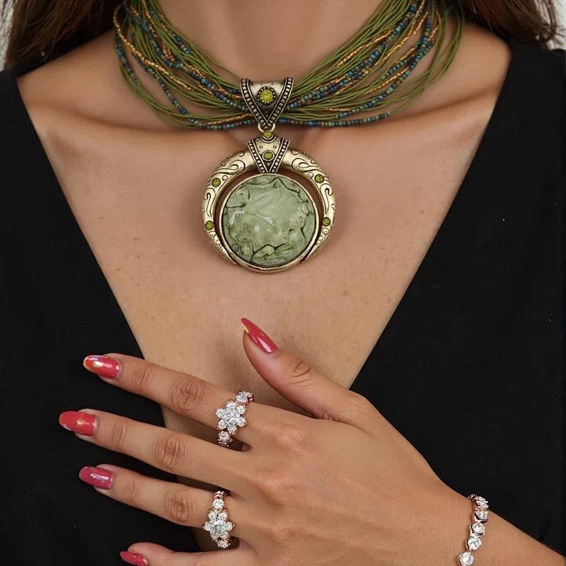 Filigree Resin Stone Pendant Necklace with Beaded Cord