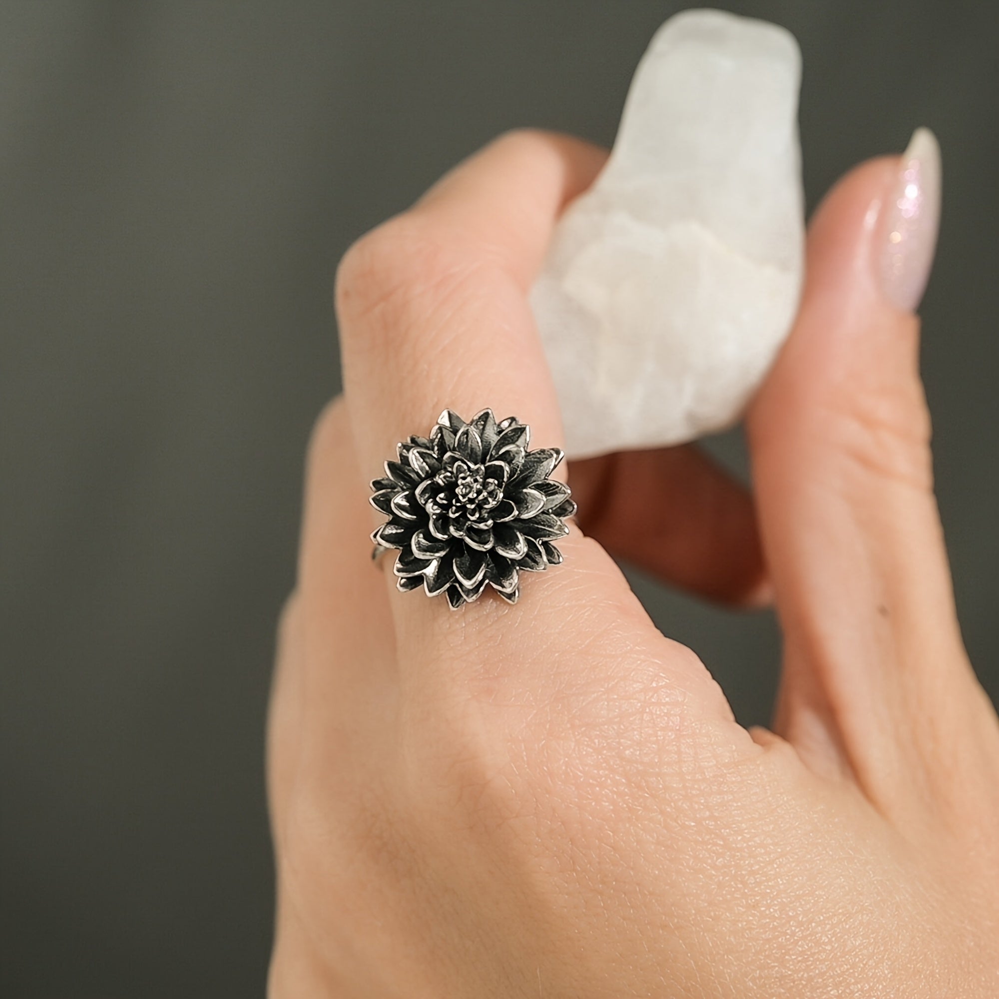 Dahlia Flower Statement Ring in Antiqued Silver