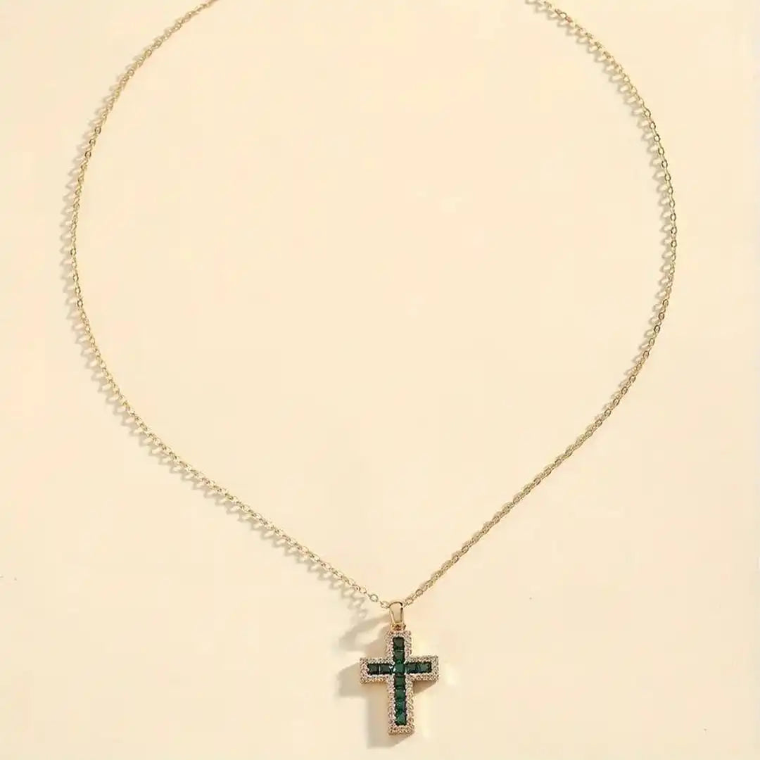 Emerald Cross Pendant Necklace with Pavé Border