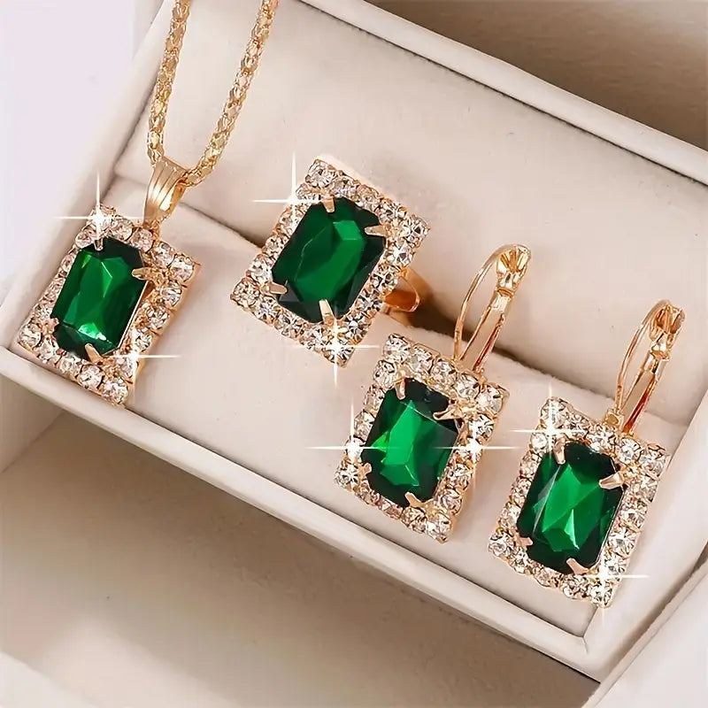 Emerald-Cut Green Stone Jewelry Set with Necklace, Earrings and Ring in Gold Tone