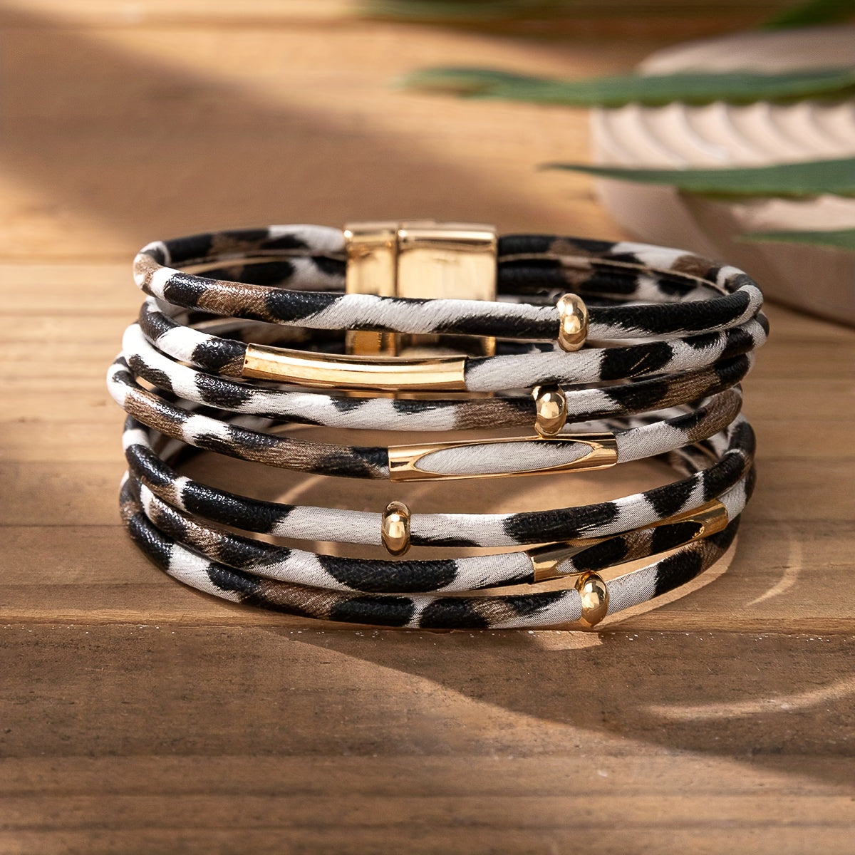 Leopard Print Wrap Bracelet with Gold-Tone Accents and Magnetic Clasp