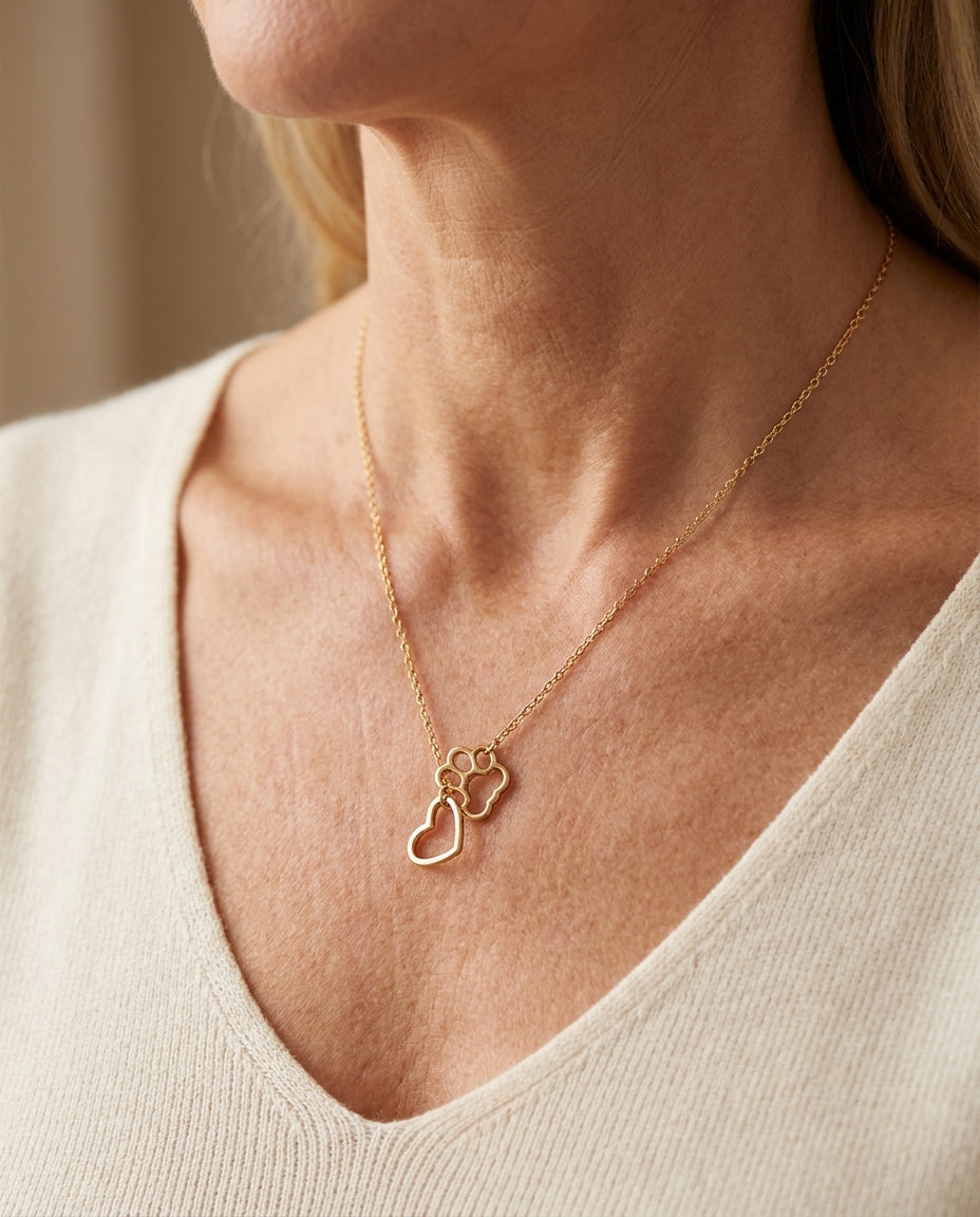 Estelle & Ruby Dog Paw & Heart Pendant Necklace - Alloy, Adjustable Chain, Gold or Silver Tone (AI-generated lifestyle image)