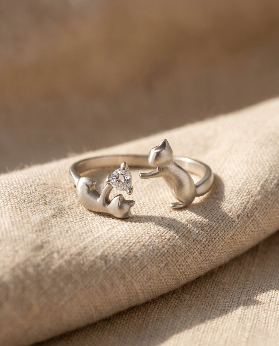 Estelle & Ruby Double Cat Statement Ring for Women - Adjustable Silver-Tone Copper with Heart Zircon Stone (AI-generated studio image)
