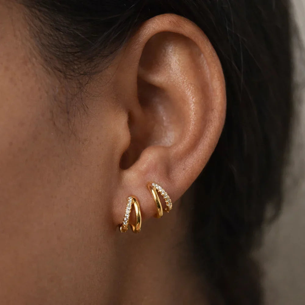 Geometric Cubic Zirconia Double Hoop Earrings in Gold Tone — main image