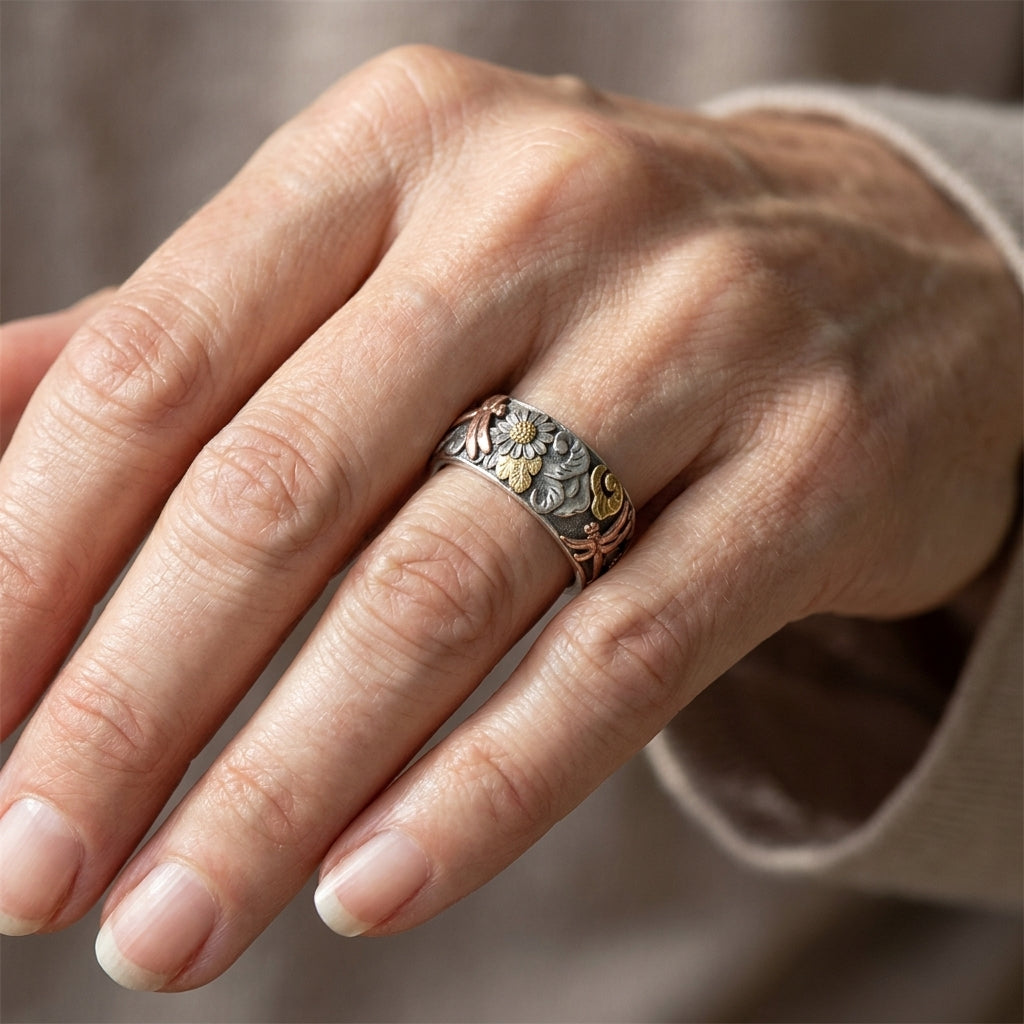 dragonfly sunflower vintage silver band ring — lifestyle