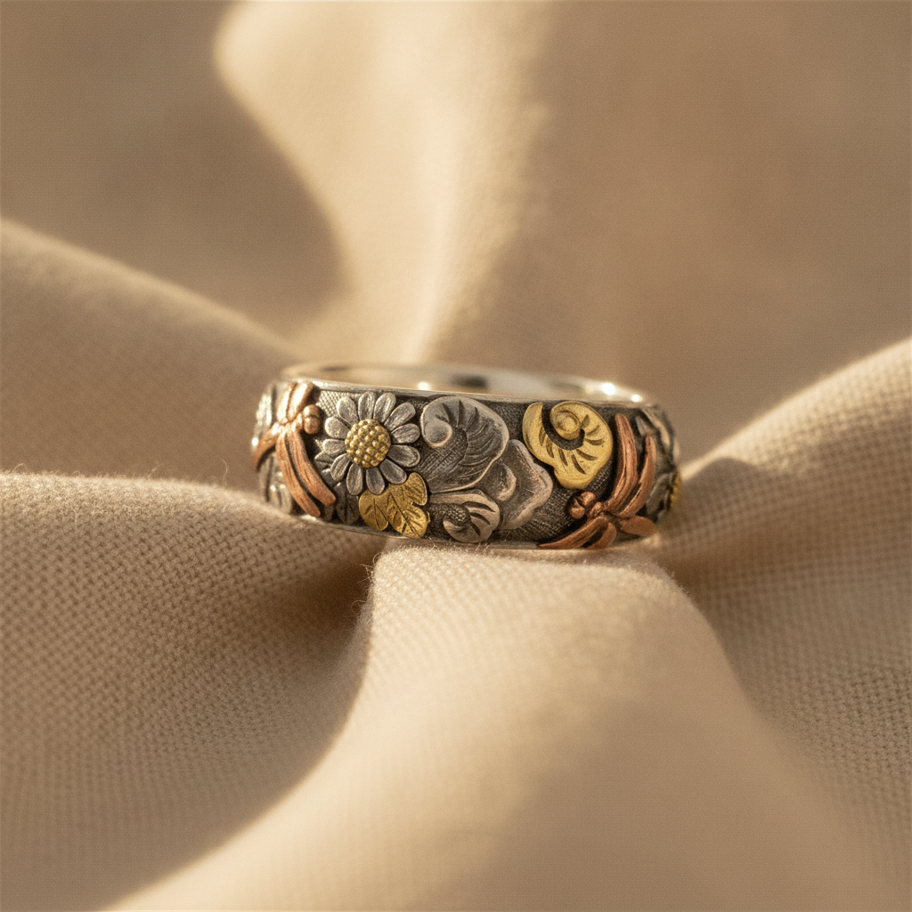 dragonfly sunflower vintage silver band ring — studio