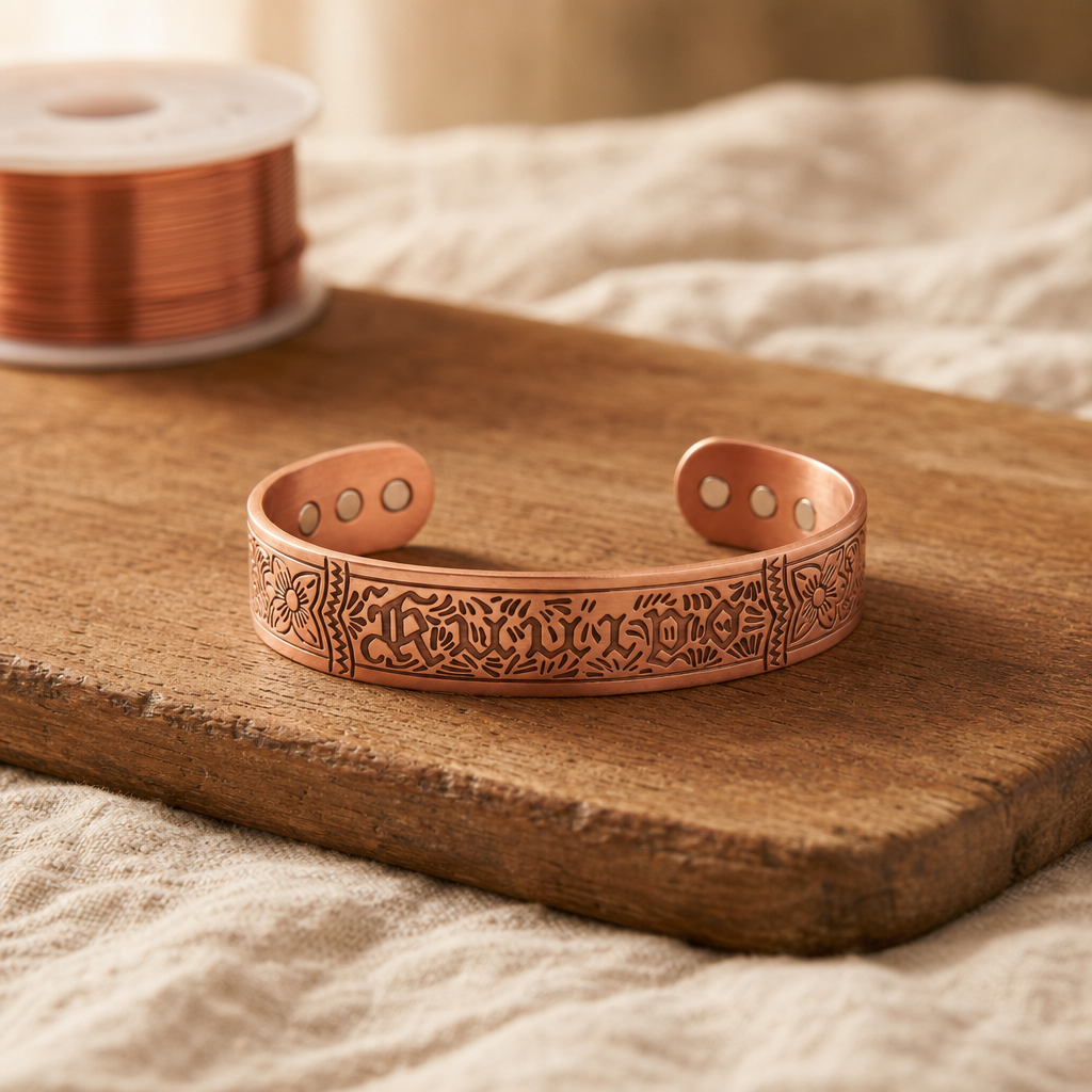 Copper Cuff Bracelet, 99.9% Pure Copper, Hand-Etched Floral Design — Magnetic Dot Accent — main image