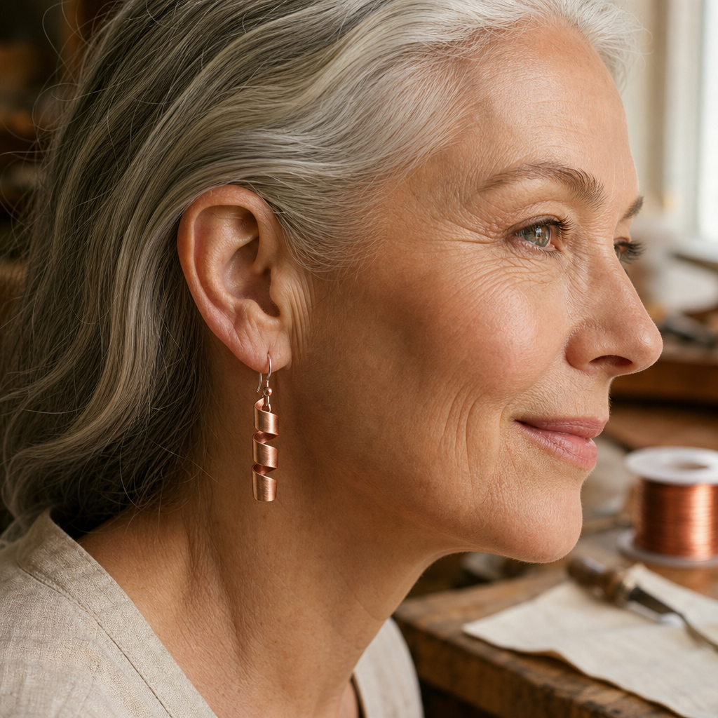Copper Drop Earrings with 99.9% Pure Copper Segmented Tube Design — Handmade Artisan Jewelry — view 2