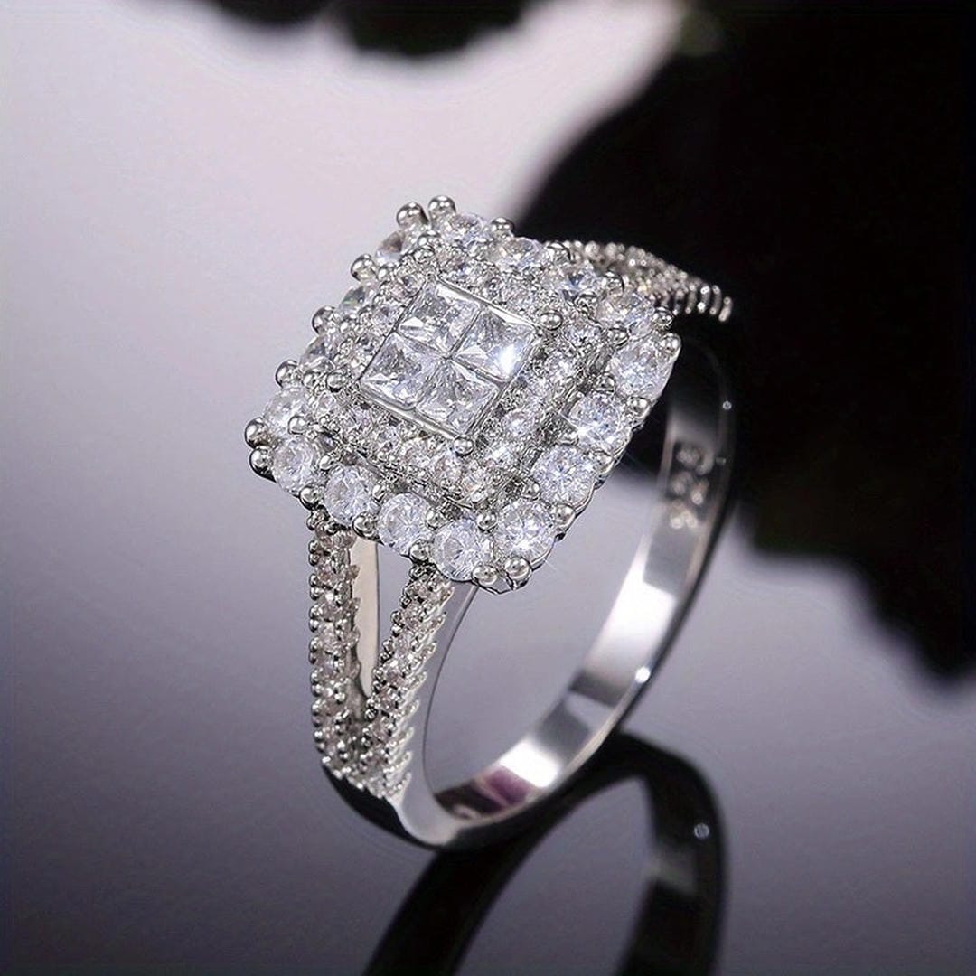 Square Double Halo Cubic Zirconia Ring with Pavé Band — view 2