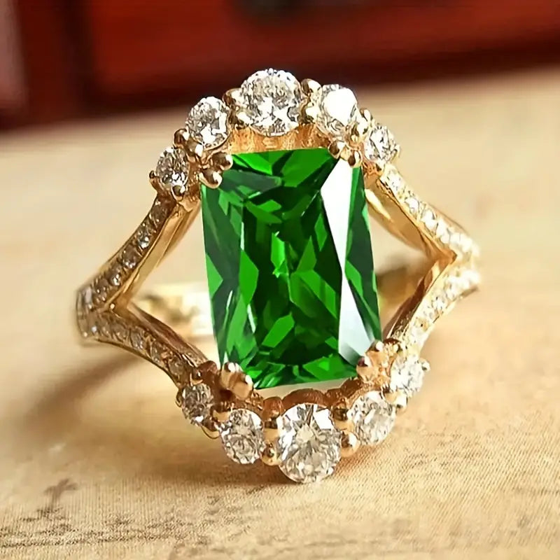 Emerald-Cut Green Stone Halo Ring with Gold-Tone Filigree Band
