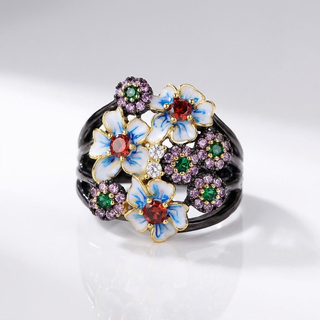 Floral Enamel Cocktail Ring with Red and Purple Stones in Black and Gold Tone