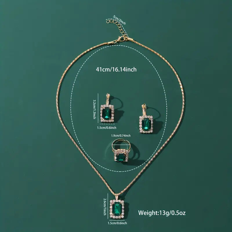 Emerald-Cut Green Stone Jewelry Set with Necklace, Earrings and Ring in Gold Tone