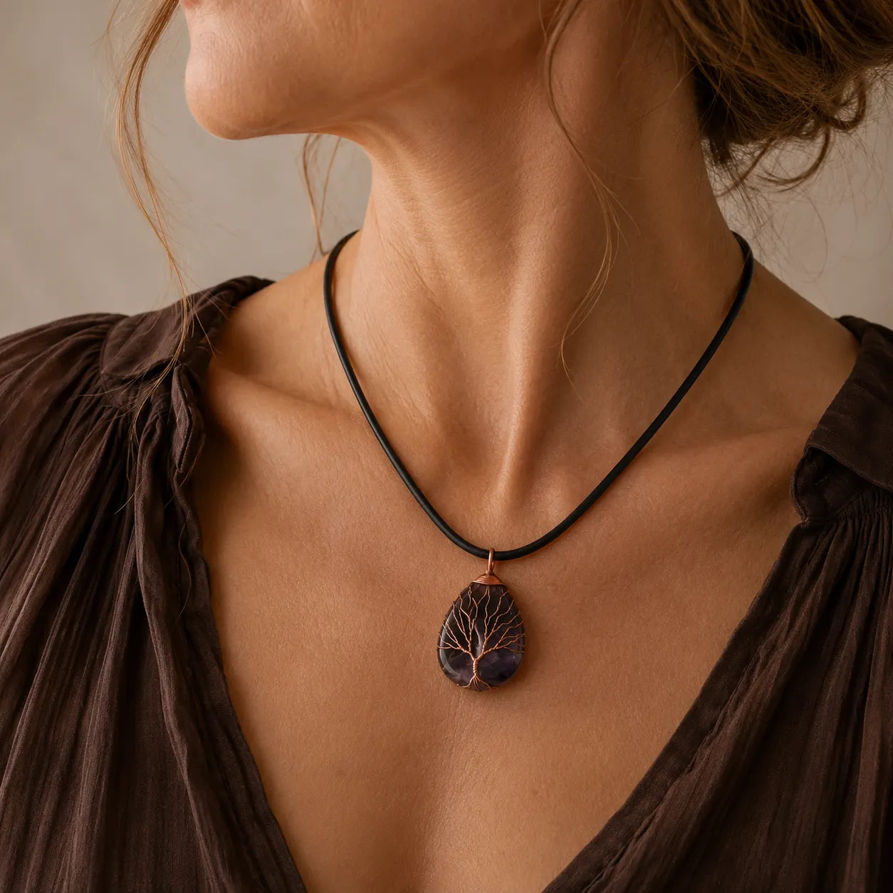 Tree of Life Amethyst Pendant Necklace with Teardrop Stone and Copper Wire Wrap