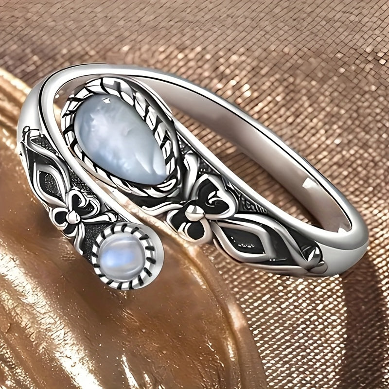 Adjustable Oval Moonstone Ring with Floral Filigree Detail