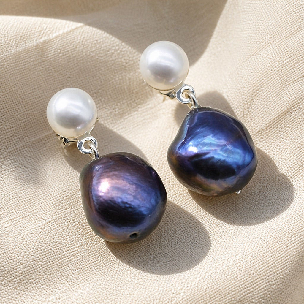 Freshwater Pearl Drop Earrings with White and Dark Baroque Pearl — view 2