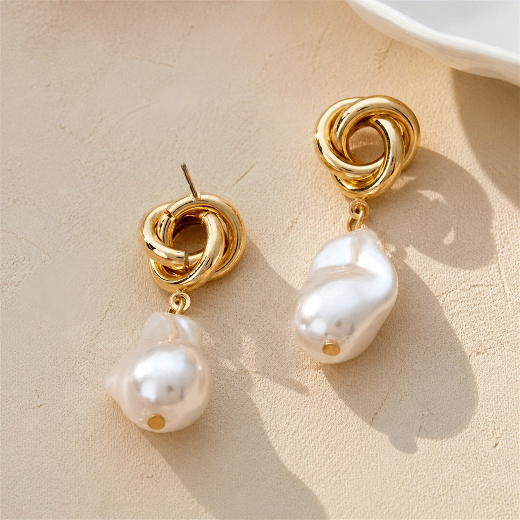 Baroque Pearl Drop Earrings with Twisted Gold-Tone Top — view 2