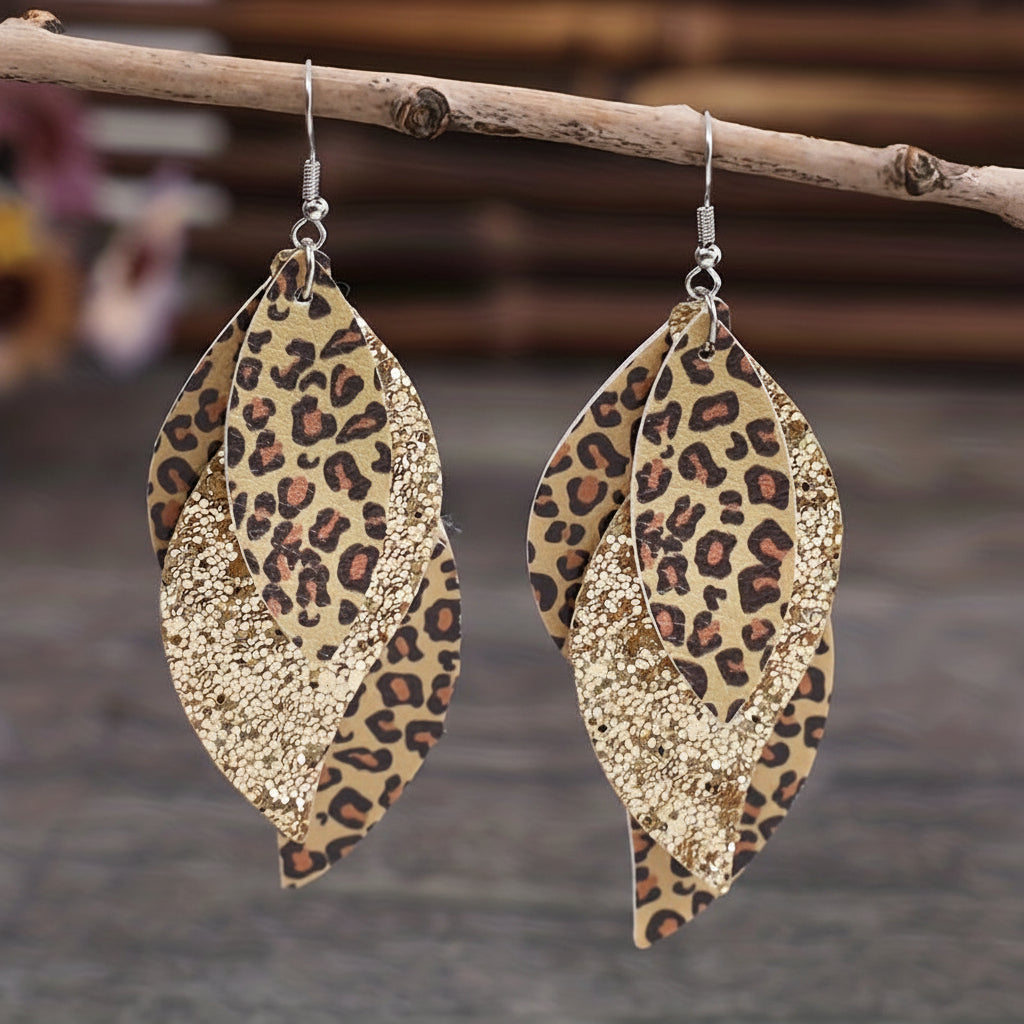 Leopard Print Leaf Drop Earrings with Glitter Stripe, PU Leather Vintage Boho