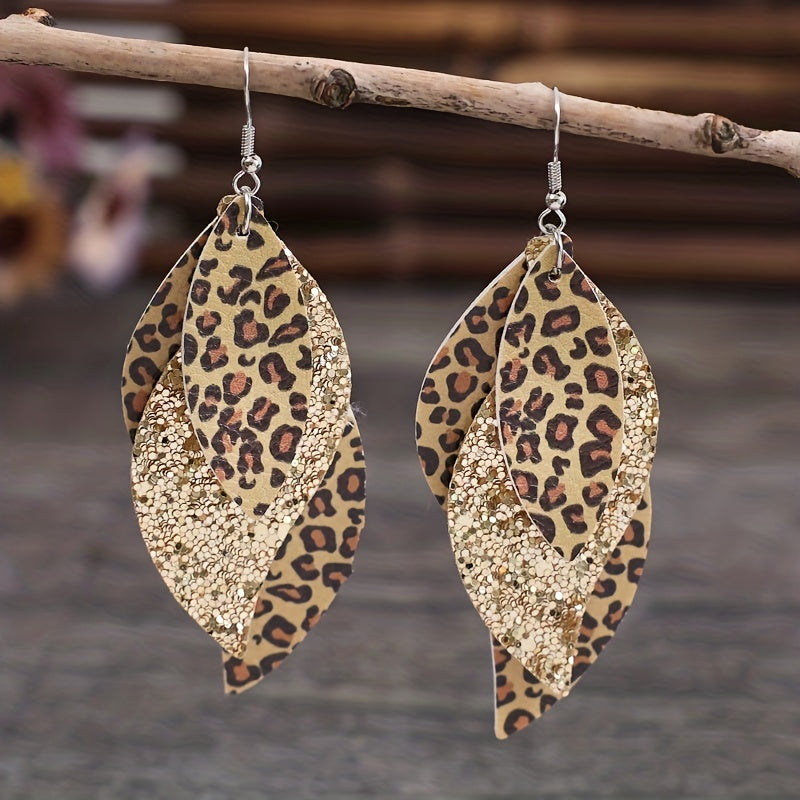 Leopard Print Leaf Drop Earrings with Glitter Stripe, PU Leather Vintage Boho