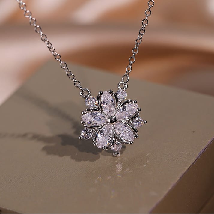 Double-Layer Flower Cubic Zirconia Pendant Necklace with Cross Chain