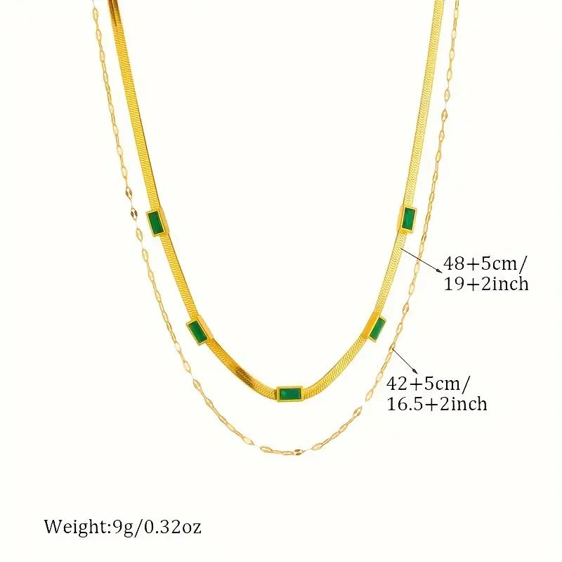 Double-Layer Emerald Necklace with Herringbone Chain and Rectangular Stone Accents
