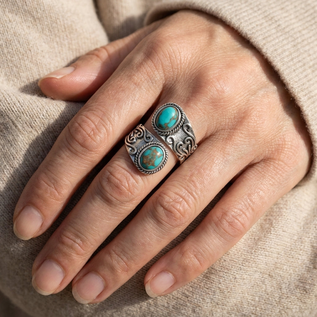 elegant vintage turquoise cross band ring — lifestyle