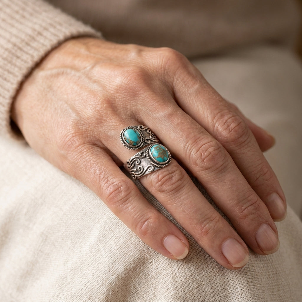 elegant vintage turquoise cross band ring — lifestyle