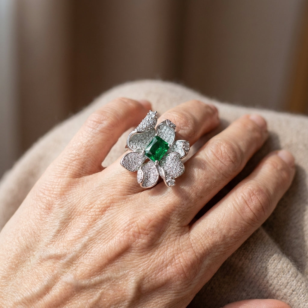 emerald flower ring — lifestyle