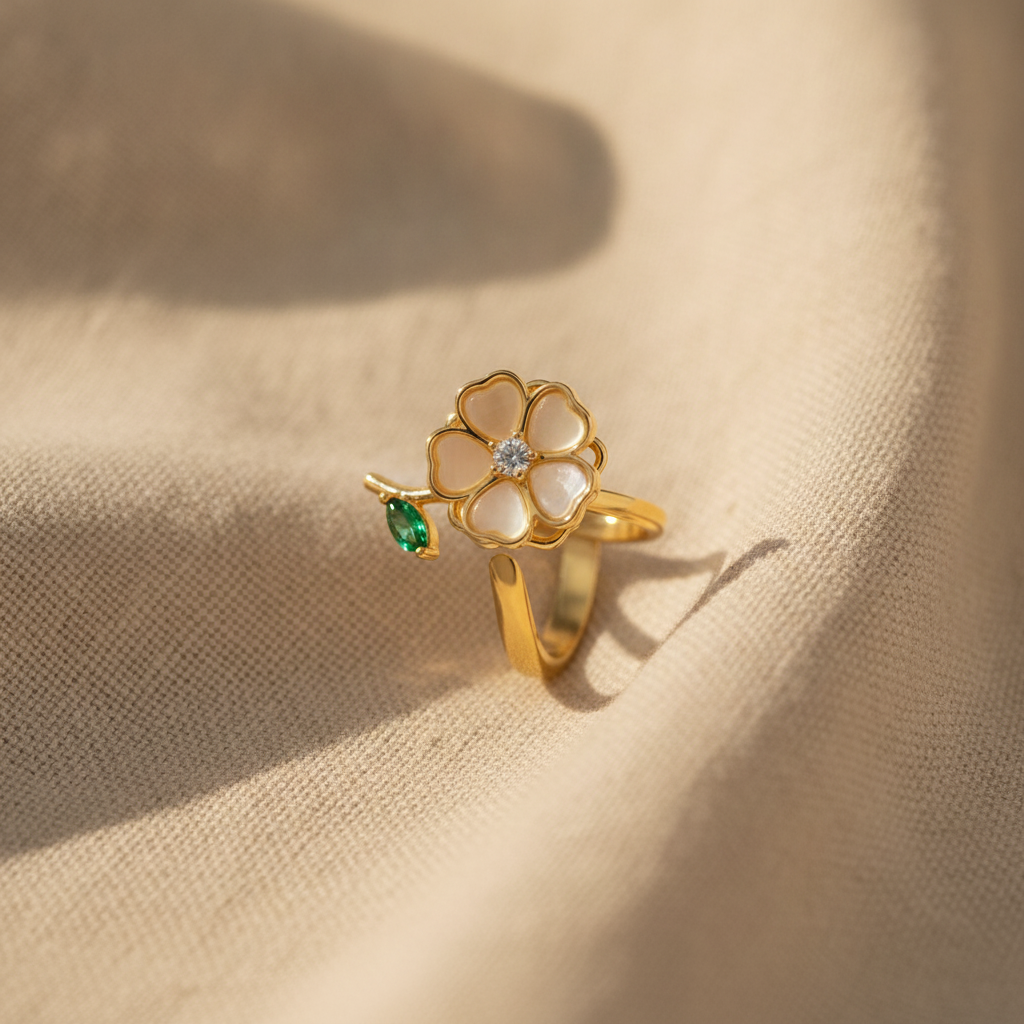 emerald leaf flower spinning ring gold — studio