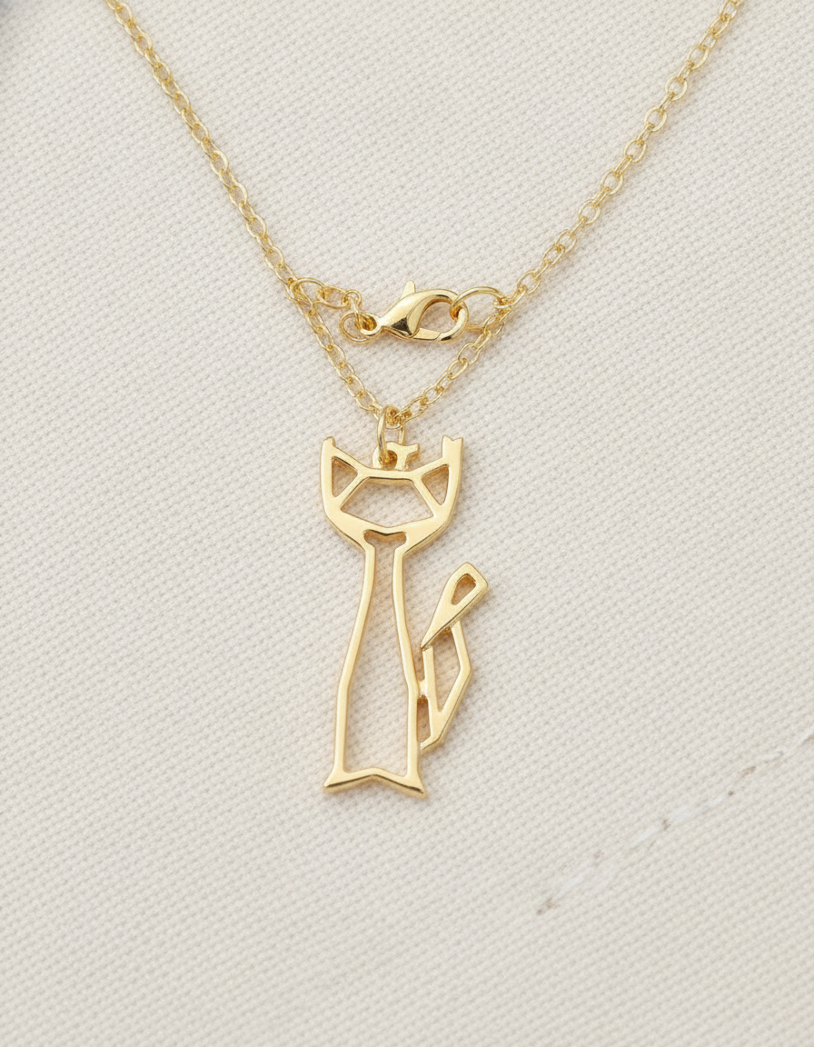Estelle & Ruby Cat Pendant Necklace – Minimalist Outline Design, Alloy, Gold or Silver Plated (AI-generated studio image)