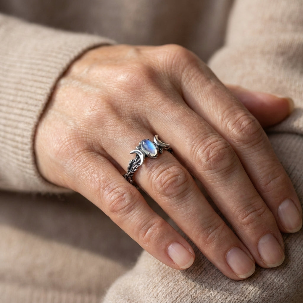 european and american simple retro bohemian crescent moonstone ladies engagement ring — lifestyle
