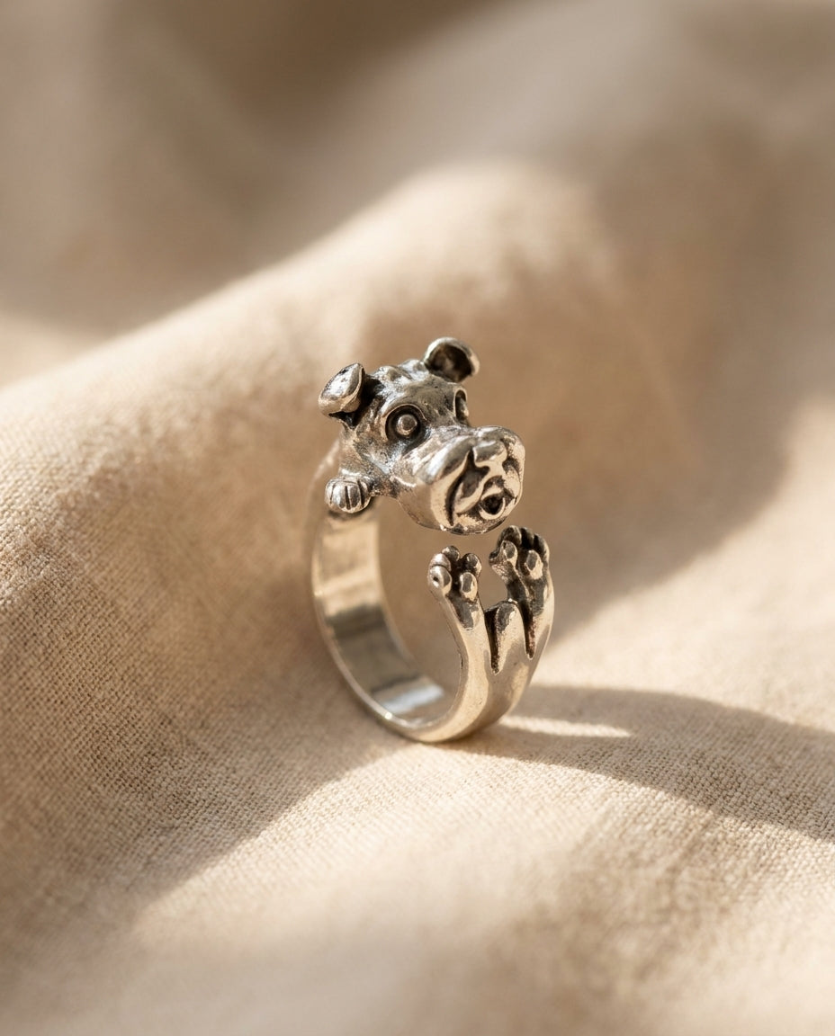 Estelle & Ruby Dog Head Ring Adjustable Silver-Tone Copper Retro Animal Statement Ring (AI-generated studio image)