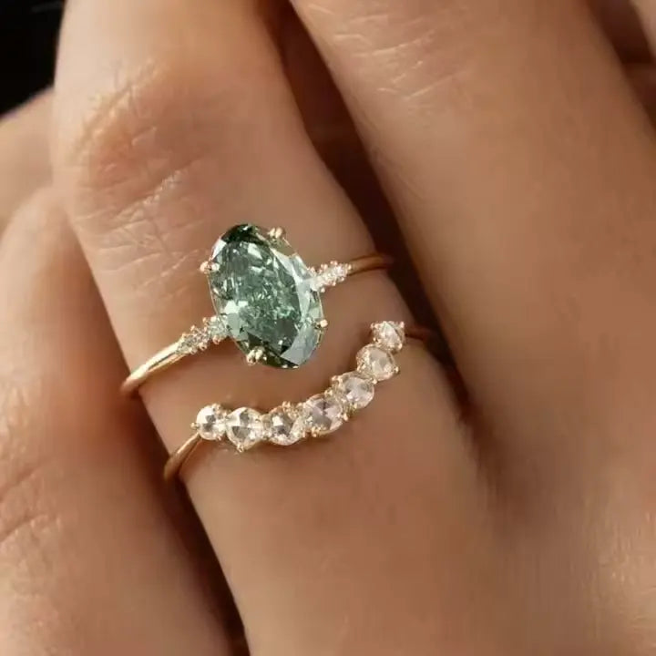Oval Green Moissanite Bridal Ring Set with Curved Wedding Band — view 2