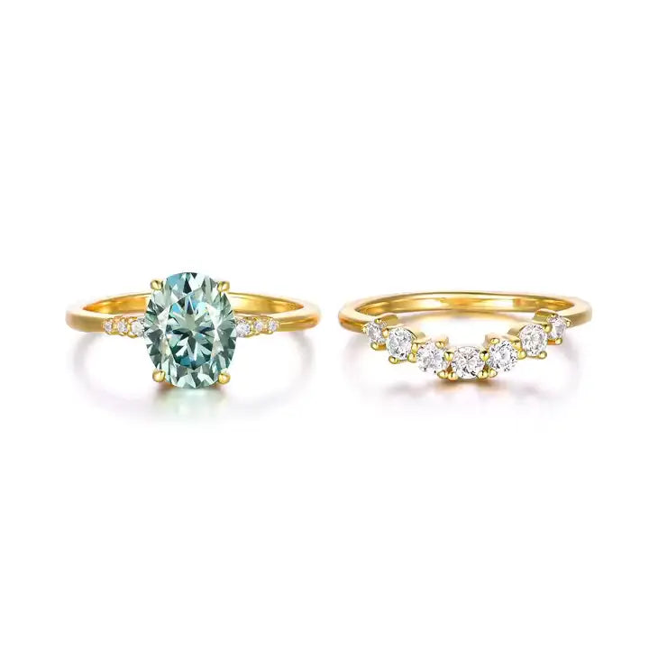 Oval Green Moissanite Bridal Ring Set with Curved Wedding Band — main image